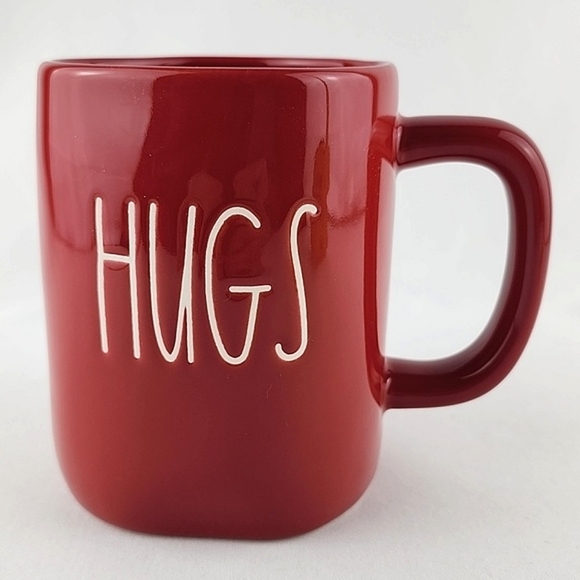 Rae Dunn Glossy Red Coffee Mug Double Sided KISSES HUGS White Large Letters - Picture 3 of 10